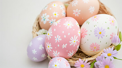 Fototapeta premium easter eggs in a basket with flowers