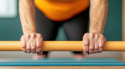 Senior exercises by gentle movement, A focused individual performing push-ups on a fitness mat, showcasing strength and determination in a vibrant workout environment.