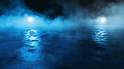 Fototapeta premium Enchanted Night Water, Mystical Blue Foggy Landscape, Serene Nocturnal Reflections