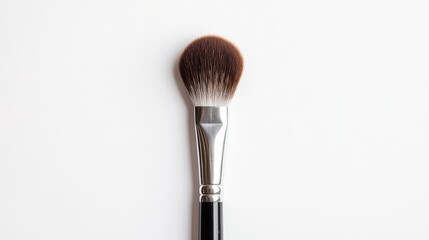 Makeup brush resting on a clean white background captured from an overhead perspective showcasing its bristle detail and sleek handle design
