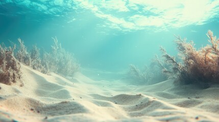 Fototapeta premium Underwater scene of sandy beach with gentle waves highlighting aquatic plants and tranquil sunlight filtering through the water surface