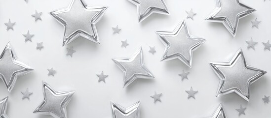 Glistening silver stars with an embossed texture on a clean white background ideal for festive and celebratory themes.