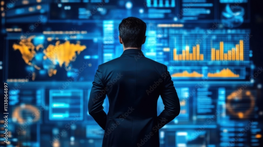 Poster businessman analyzing data on digital interface, showcasing technology in decision-making and strate