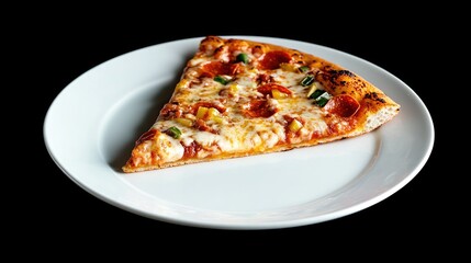 Slice of pepperoni pizza on a white plate set against a black background enticing food photography composition