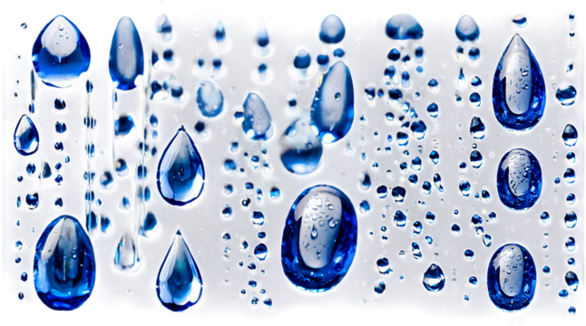 Transparent raindrops on a clear background create a visually striking display of water droplets in various sizes and shapes with a focus on clarity