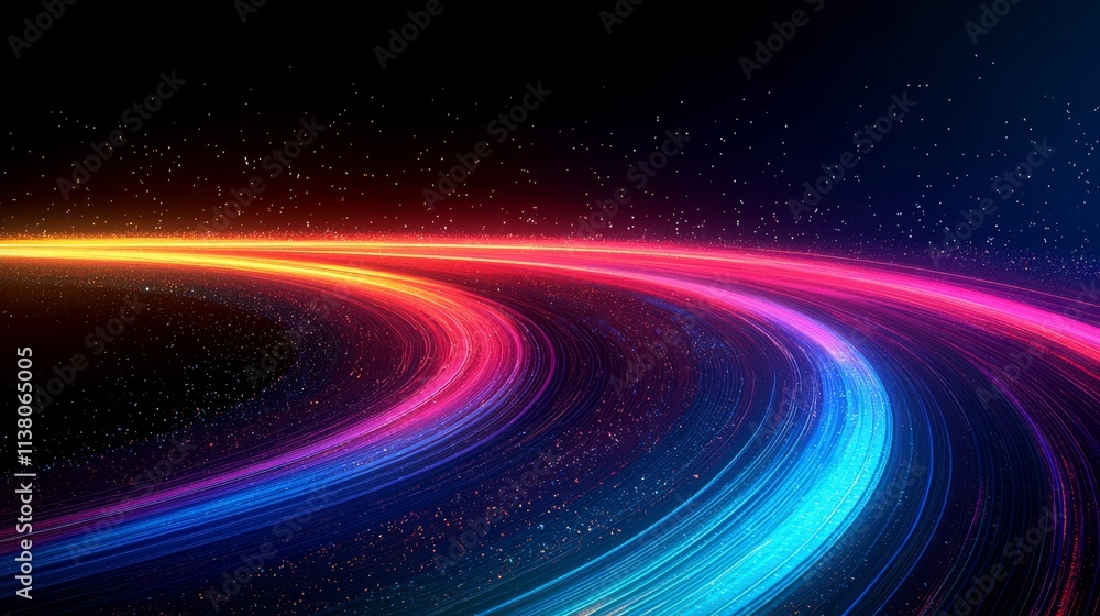 Poster 3d rendering featuring an abstract neon background with vibrant, curvy, glowing lines, creating a fu