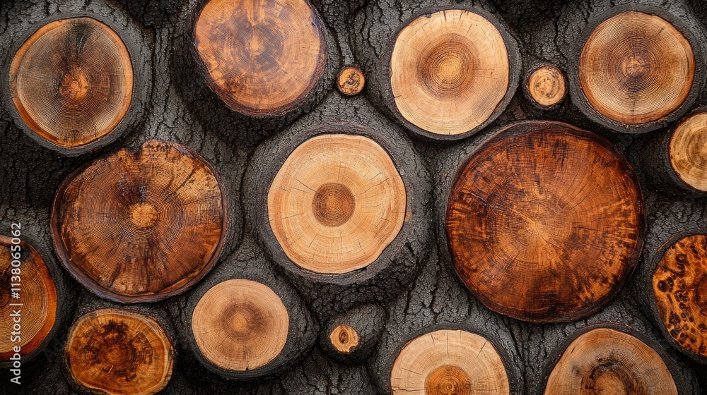 Poster wooden log background featuring cross-sectioned tree rings in natural texture and varied patterns