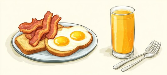Delicious Breakfast: Fried Eggs, Crispy Bacon, Toast, and Orange Juice