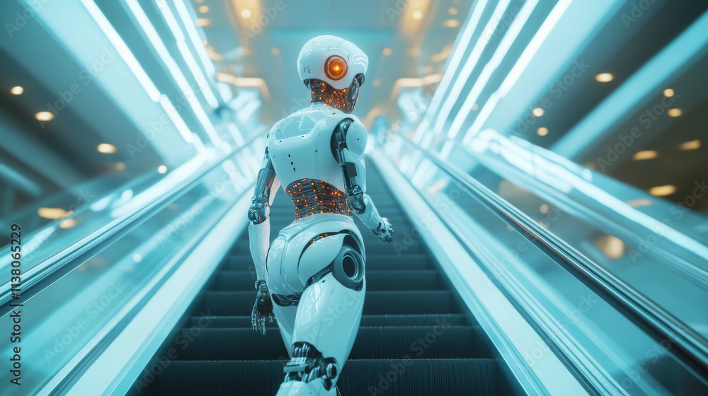 Poster woman robot or cyborg with ai goes up futuristic stairs in full growth. ai or artificial intelligenc