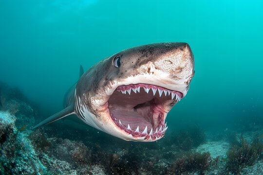 A close-up of a shark with its mouth open underwater, showcasing its teeth and habitat.