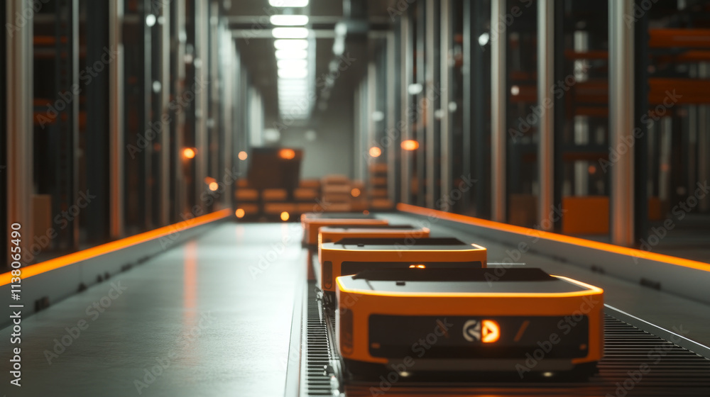 Poster ai management work robots on factory or warehouse. ai in image humanoid robot arm or hand puts boxes