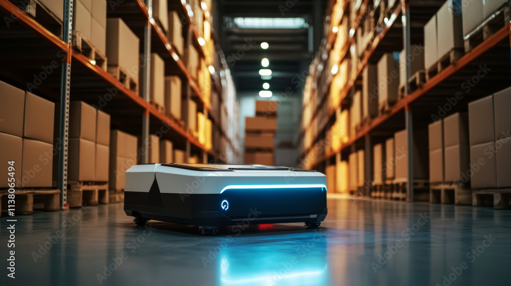 Poster ai management work robots on factory or warehouse. ai in image humanoid robot arm or hand puts boxes