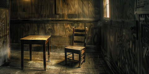Wooden Table and Chair in a Room with Wooden Walls
