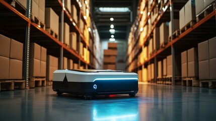 Fototapeta premium AI management work robots on factory or warehouse. AI in image Humanoid robot arm or hand puts boxes on pallets. AI controls robotic arms on manufacture. Industry 4.0. AI industry technology concept.