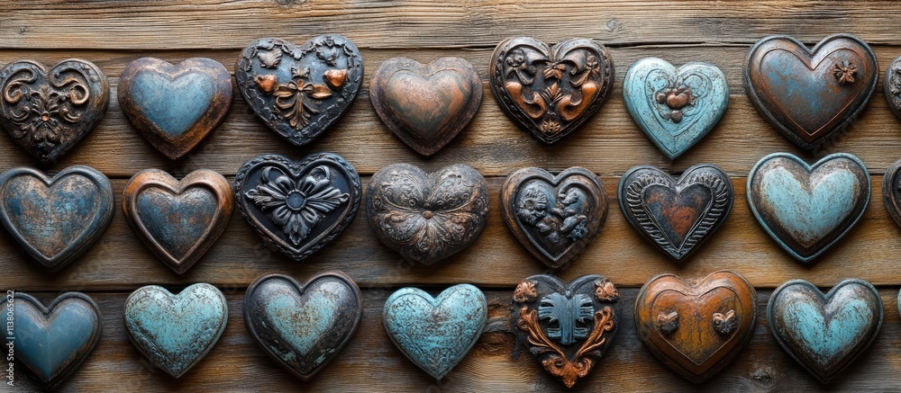 Poster decorative vintage hearts arranged on a rustic wooden background creating a charming and artistic di