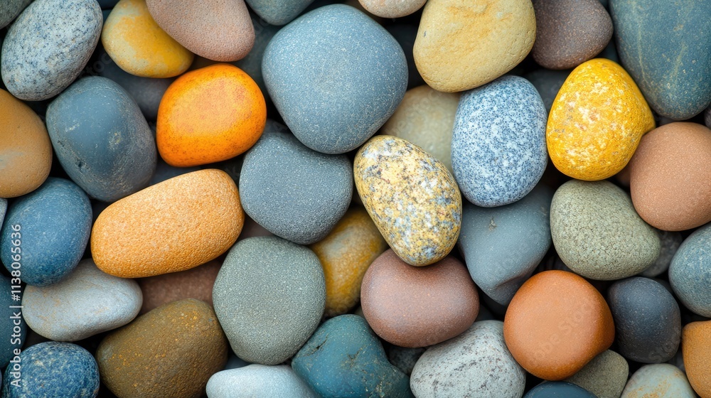 Poster colorful polished pebbles arranged closely on a surface creating a textured background ideal for des