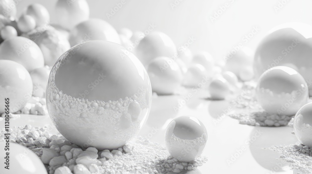 Poster white spheres scattered on a textured surface creating a serene and minimalist background ideal for 