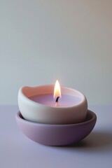A white candle with a soft purple flame, sitting in a minimalist purple holder. A faint glow adds a calm and meditative vibe. 