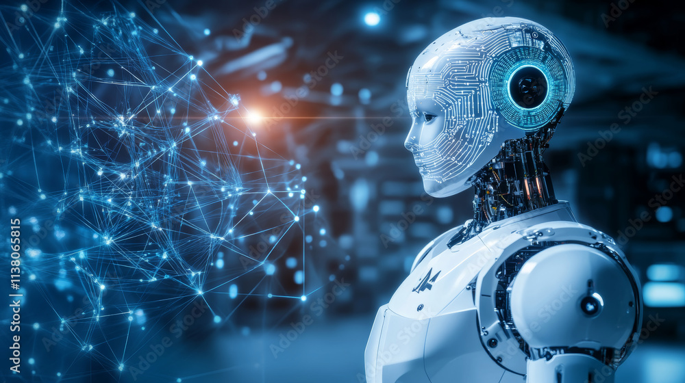 Aufkleber robot cyborg with ai assembling on factory. automation manufacturing, industry 4.0 concept. artifici