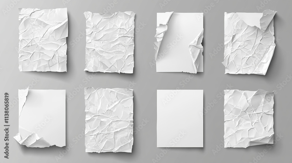 Poster paper pieces with wrinkles and torn edges. realistic vector illustration set of empty white and chec