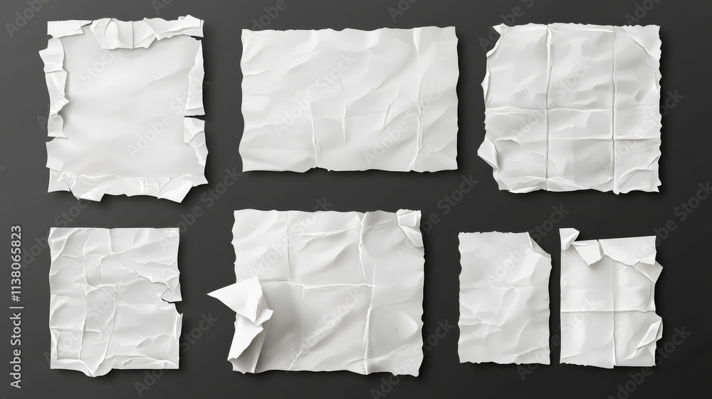 Poster paper pieces with wrinkles and torn edges. realistic vector illustration set of empty white and chec