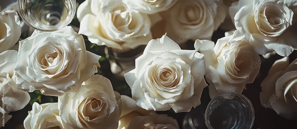 Poster elegant table setting with fine glassware and delicate white roses ideal for receptions and festive 