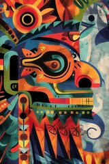 Obraz premium Colorful depiction of a tribal mask featuring intricate patterns and vibrant colors, showcasing cultural artistry and creativity