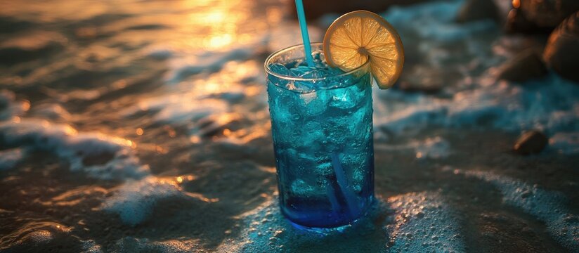 Refreshing blue lagoon cocktail on sandy beach at sunset with waves gently lapping around the glass and a slice of lemon garnish.