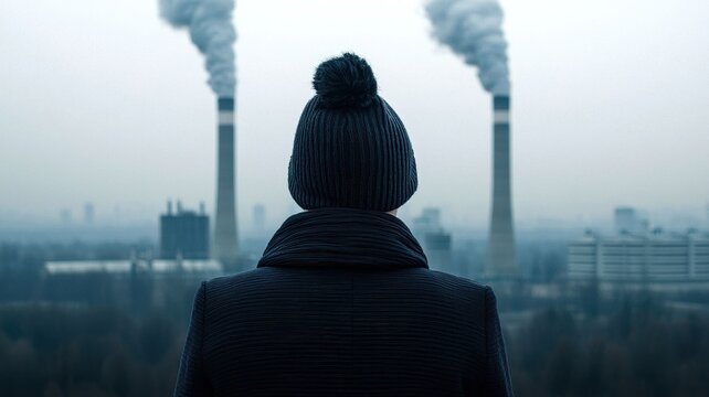 A person gazes at industrial smokestacks, reflecting on the impact of pollution on our planet and the urgent need for environmental action.