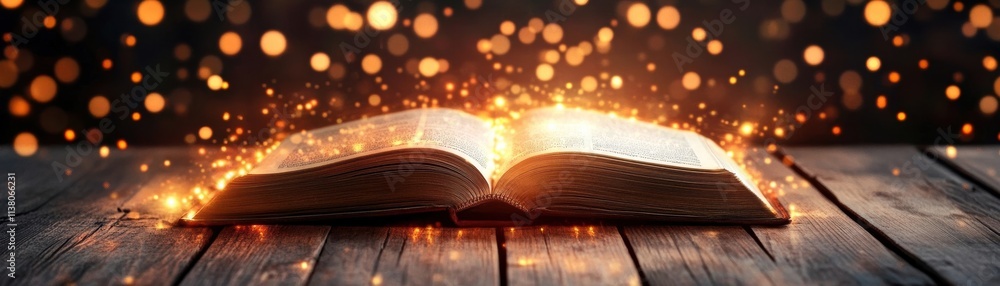 Poster an open book glowing with magical light, surrounded by blurred bokeh lights, creating a mystical amb