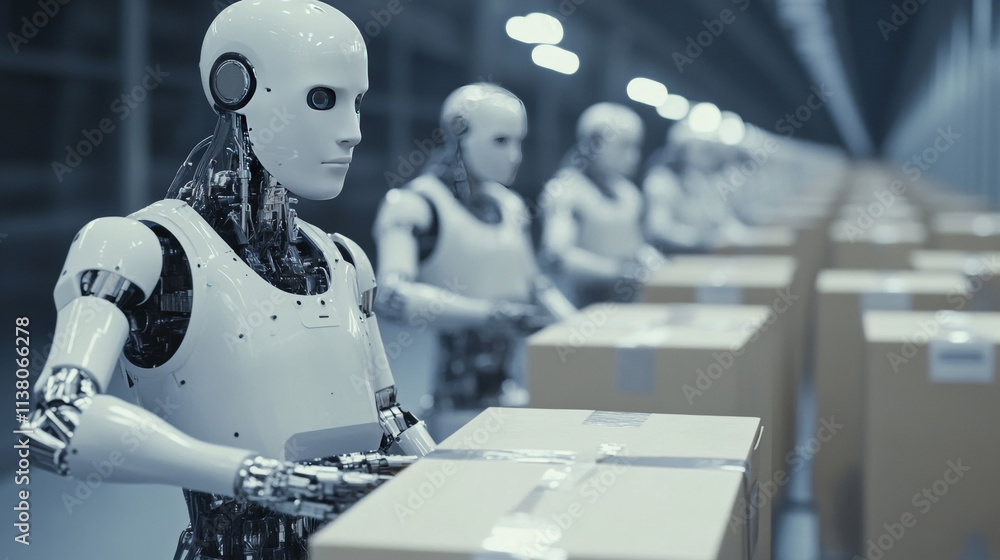 Aufkleber robot cyborg with ai assembling on factory. automation manufacturing, industry 4.0 concept. artifici