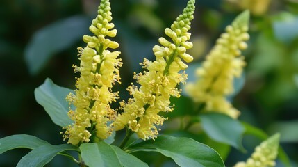 Fototapeta premium Turmeric tree flowers blooming in a vibrant outdoor garden showcasing their unique yellow clusters and lush green foliage.