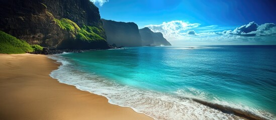 Obraz premium Serene coastal landscape showcasing turquoise waters and dramatic cliffs under a bright blue sky with fluffy clouds