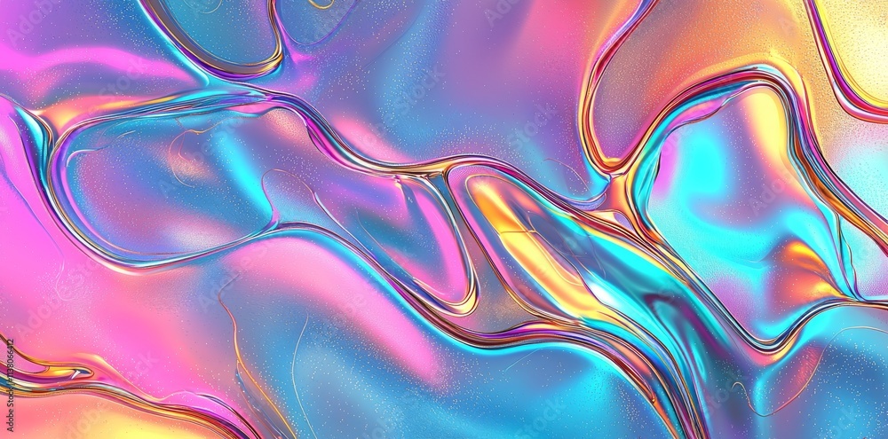 Poster three-dimensional rendering of a vibrant, flowing abstract iridescent wave form.
