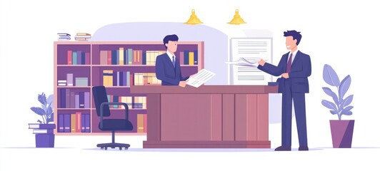 Businessmen Exchanging Documents in Office Setting