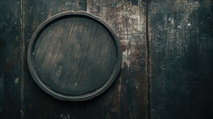 Aged wooden plate texture on dark background with rustic details and low key lighting for vintage inspired design elements.
