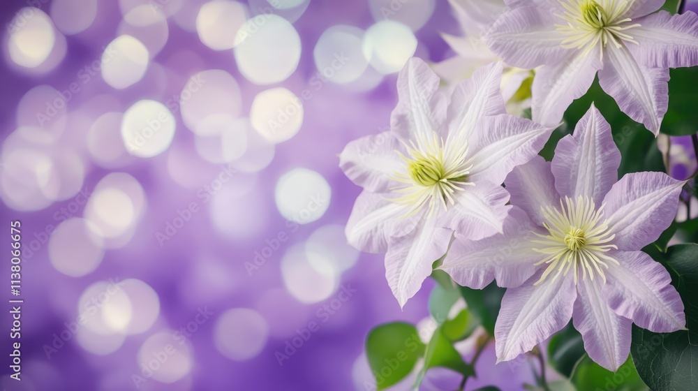 Poster purple background featuring delicate white clematis flowers with bokeh effect creating elegant space