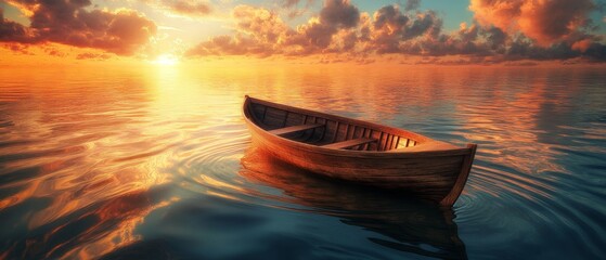 Artistic depiction of a rustic boat on serene water ripples with vintage detailing and a glowing sunset creating a nostalgic ambiance