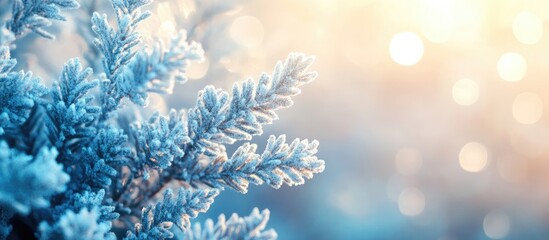 Abstract festive background with frosty Christmas tree branches and soft bokeh defocused lights creating a warm holiday atmosphere.