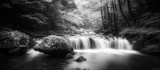 Fototapeta premium Serene black and white landscape of a peaceful stream flowing through lush Japanese mountains surrounded by tall trees