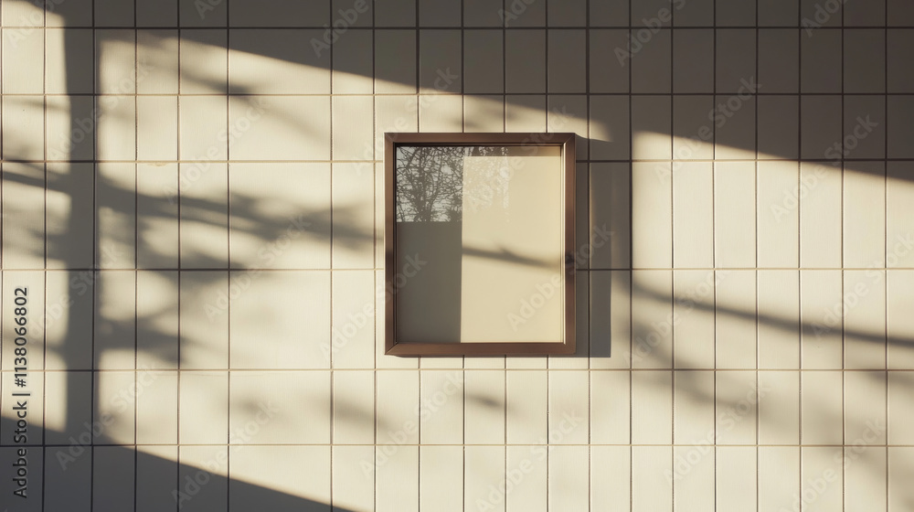 Poster white brick wall with rectangle and square simple photo frame composition and shadow of window. real