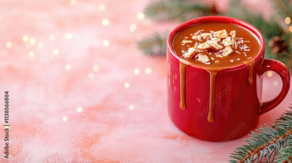Aufkleber red mug filled with caramel topped with nuts on a pastel background with pine branches and bokeh lig