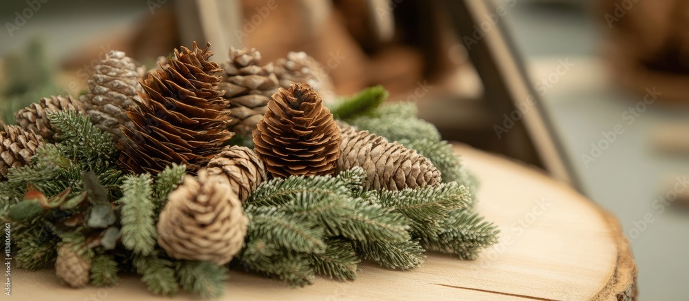 Poster creating a rustic wreath with pine cones and greenery on a wooden base in a close-up view showcasing
