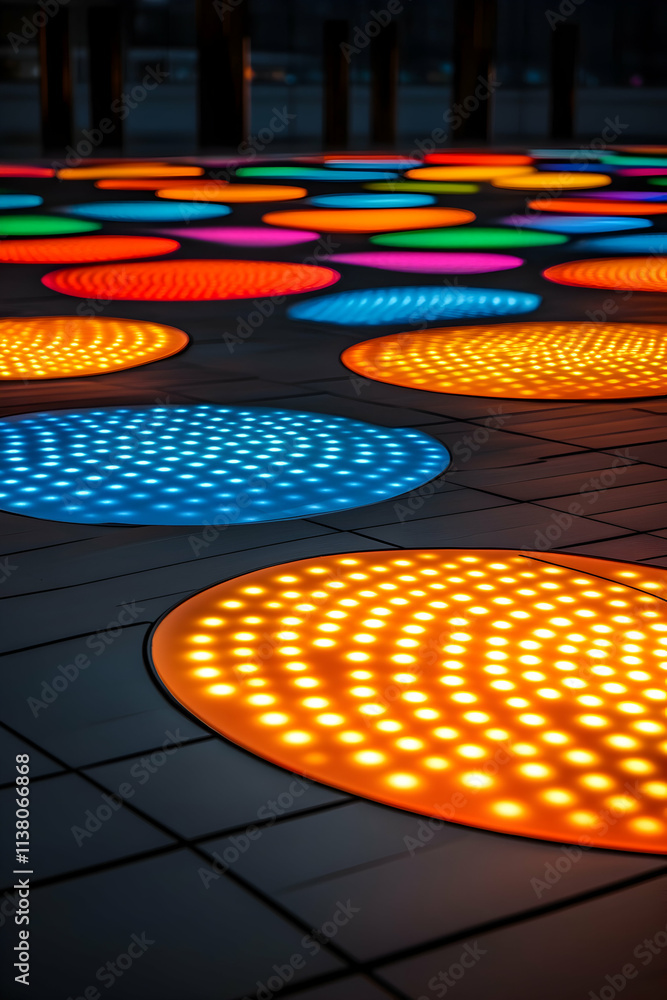 Poster round led lights embedded in the floor create a vibrant, colorful display, illuminating the space wi