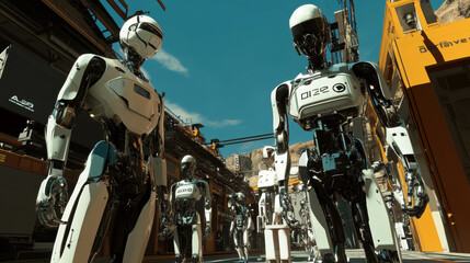 Fototapeta premium A team of cyborg robots works with a virtual 3d interface in cyberspace. An anthropomorphic bionic Android with artificial intelligence manages a team of workers. Industrial revolution. 3d rendering