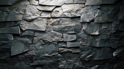Fototapeta premium Textured stone wall featuring irregular slate tiles creating a rugged and natural background for various design applications.