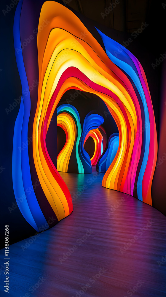 Poster vibrant multicolored wavy walls form an immersive corridor, creating a mesmerizing tunnel effect wit