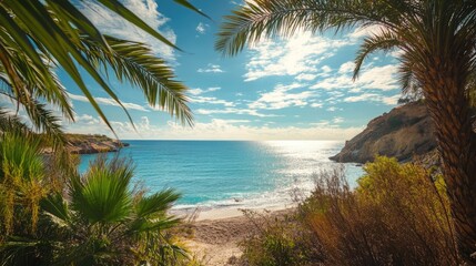 Obraz premium Serene coastal landscape with palm trees under a bright sky overlooking tranquil blue waters and a sandy beach