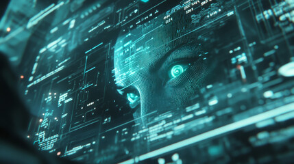 Obraz premium AI. Artificial intelligence. Robot or cyborg looking at virtual HUD interface. Machine learning concept. Modern tech frame for text, picture in computer electronic technology style. Face of android.