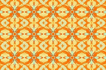 Orange and Blue Geometric Pattern: A vibrant, intricate geometric pattern in warm orange, yellow, and blue hues. This seamless design evokes a sense of retro charm and modern sophistication.